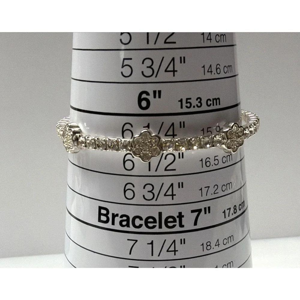 Vintage Clear Rhinestone Silver Cuff Bracelet Flower Clover